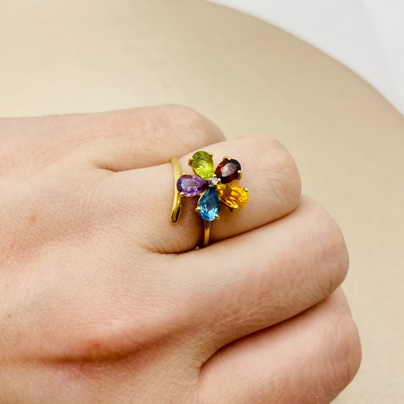 EUC Estate 10k Yellow Gold Genuine Multi-Colored Gemstone & Diamond Flower Ring - Picture 8 of 17